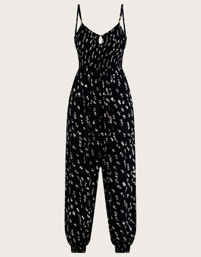 Black Women's Monsoon Batik Print Shirred LENZING™ ECOVERO™ Jumpsuit | YLK-6376