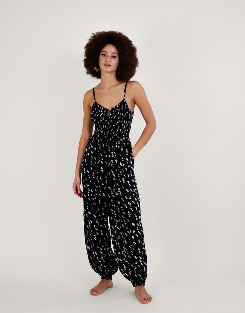 Black Women\'s Monsoon Batik Print Shirred LENZING™ ECOVERO™ Jumpsuit | YLK-6376