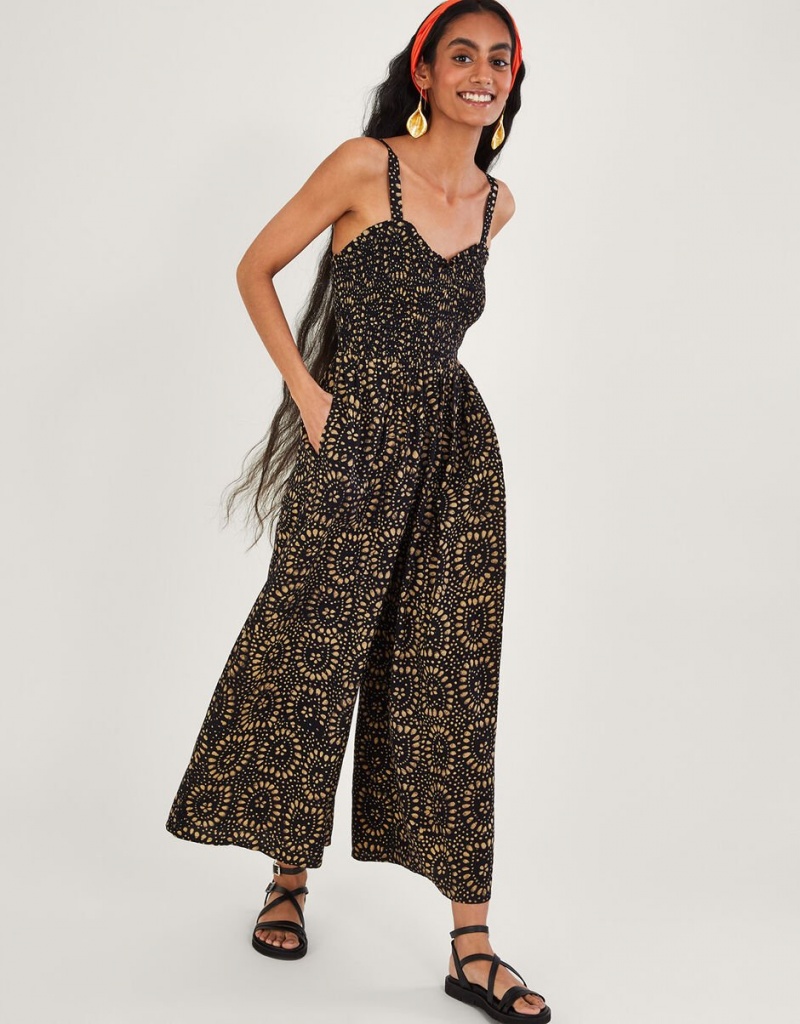 Black Women\'s Monsoon Batik Print Wide Leg in LENZING™ ECOVERO™ Jumpsuit | OTV-2349