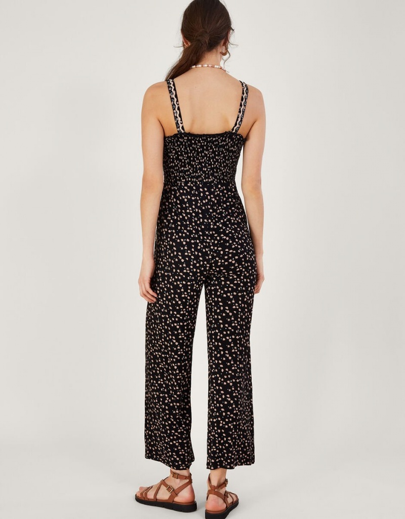 Black Women's Monsoon Dot Print Shirred in LENZING™ ECOVERO™ Jumpsuit | QNZ-8722