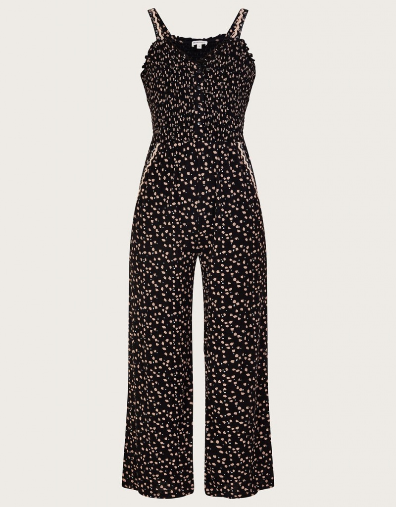 Black Women's Monsoon Dot Print Shirred in LENZING™ ECOVERO™ Jumpsuit | QNZ-8722