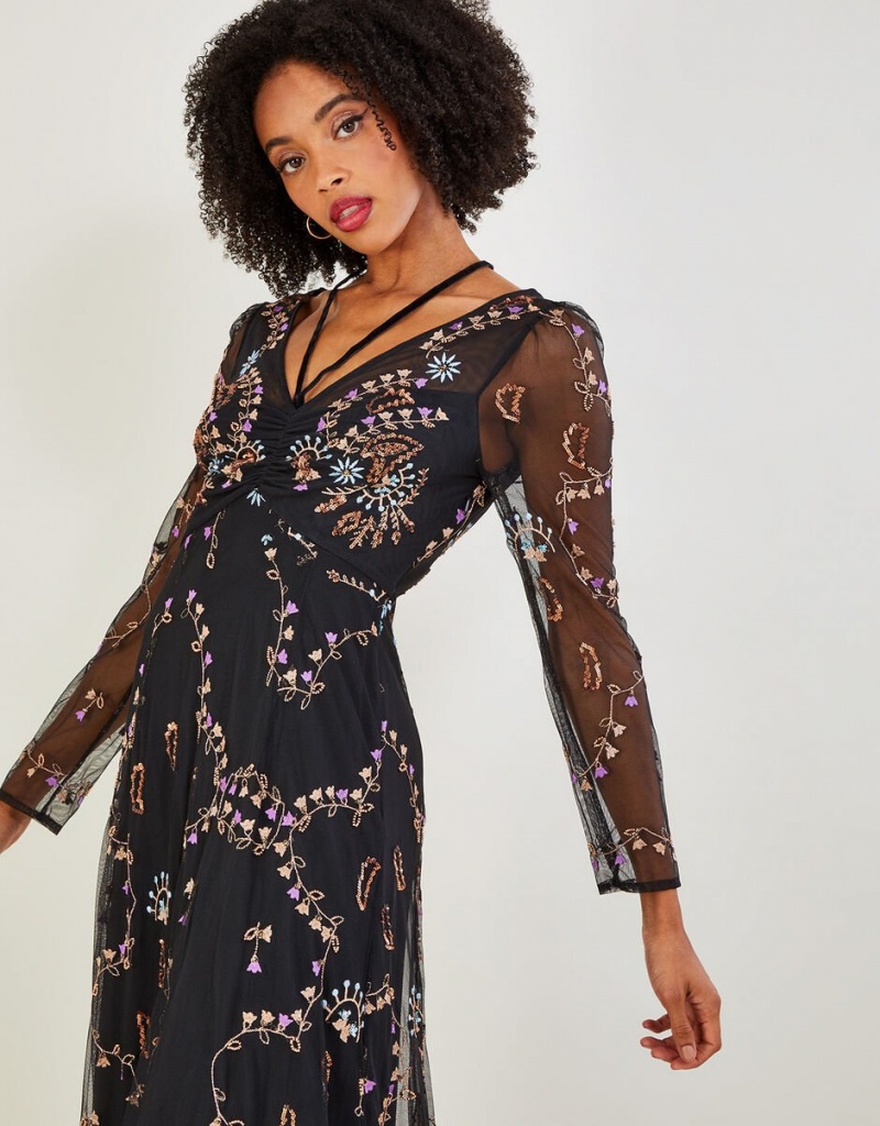 Black Women's Monsoon Evangelina Embellished Maxi Dress | EKD-9671