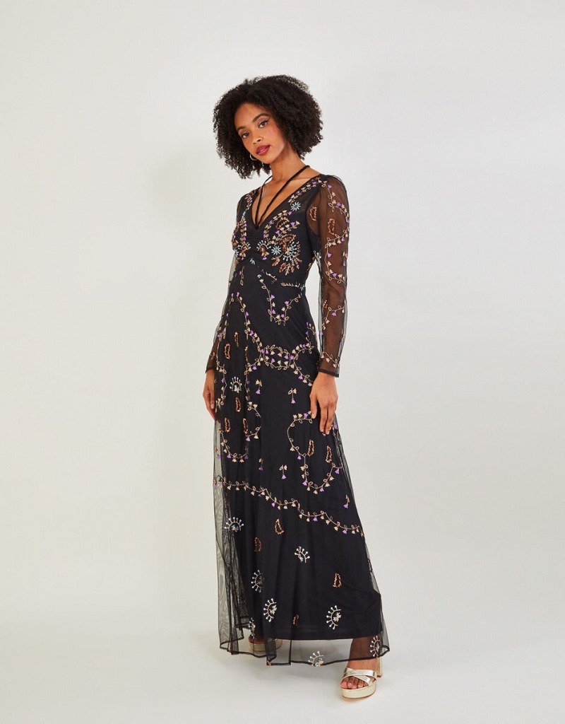 Black Women\'s Monsoon Evangelina Embellished Maxi Dress | EKD-9671