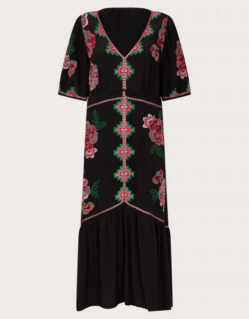 Black Women's Monsoon Everly Embroidered Tea Dress | ZQH-4458