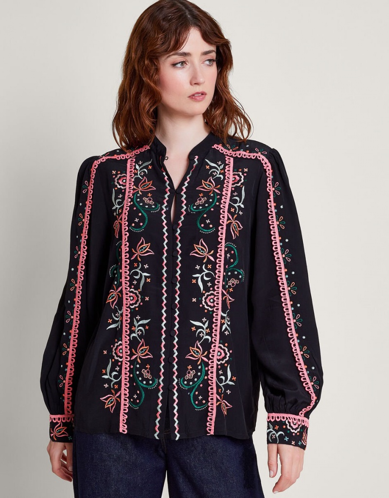 Black Women\'s Monsoon Fifi Embroidered Blouse | LSJ-4244