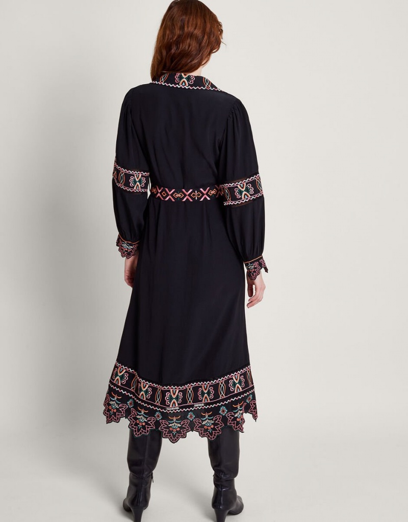 Black Women's Monsoon Fifi Embroidered Shirt Dress | XOZ-1171