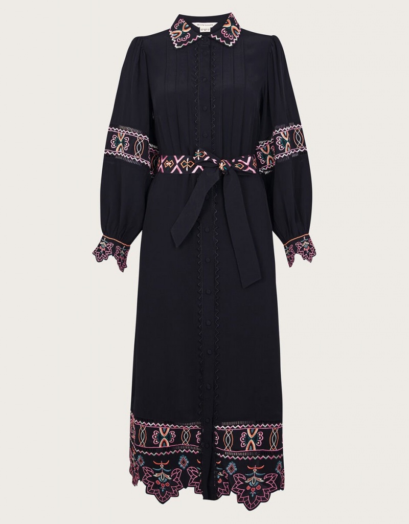 Black Women's Monsoon Fifi Embroidered Shirt Dress | XOZ-1171