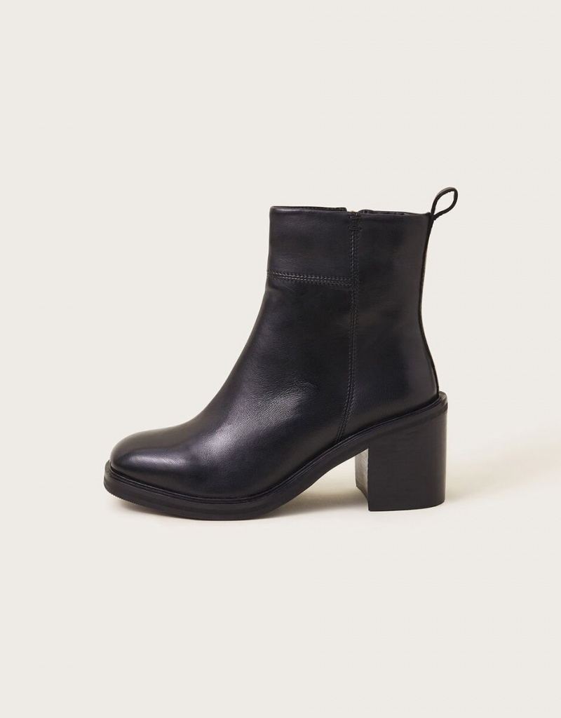 Black Women's Monsoon Heeled Leather Ankle Boots | DMJ-4703