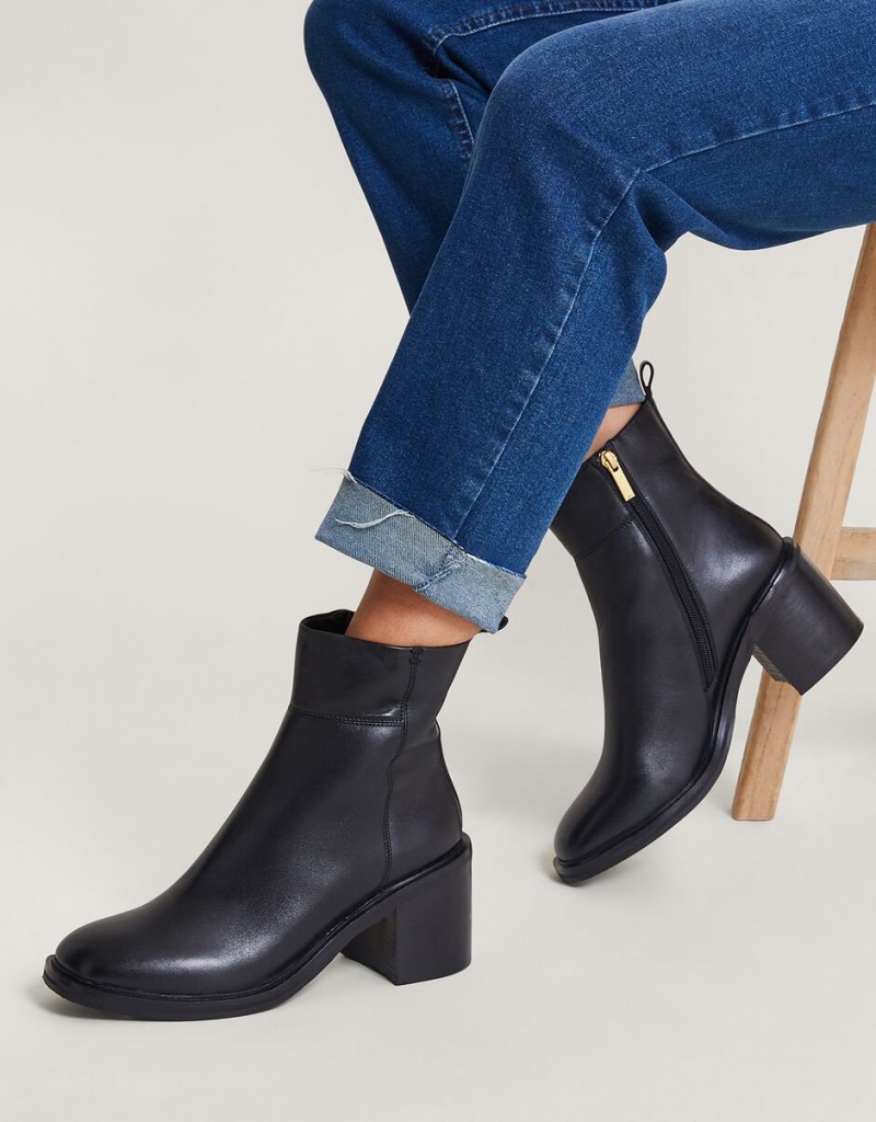 Black Women\'s Monsoon Heeled Leather Ankle Boots | DMJ-4703