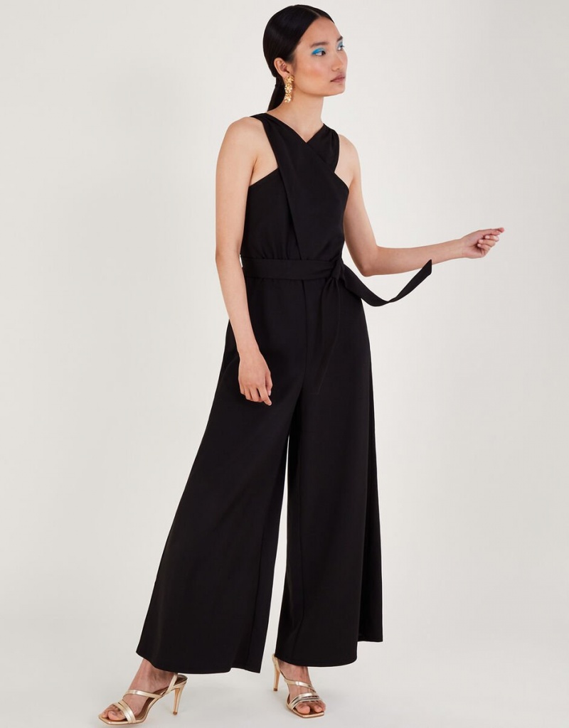 Black Women's Monsoon Jersey Smart Cross-over Jumpsuit | PMG-9231