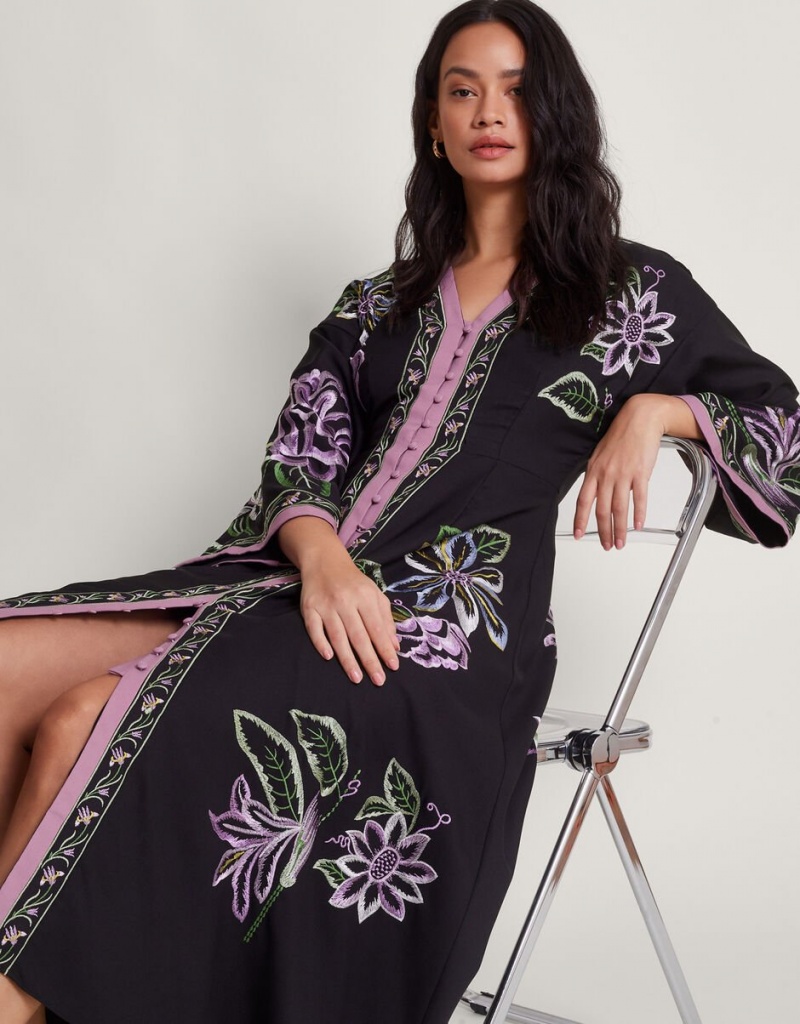 Black Women's Monsoon Kaya Embroidered Dress | PKP-9361