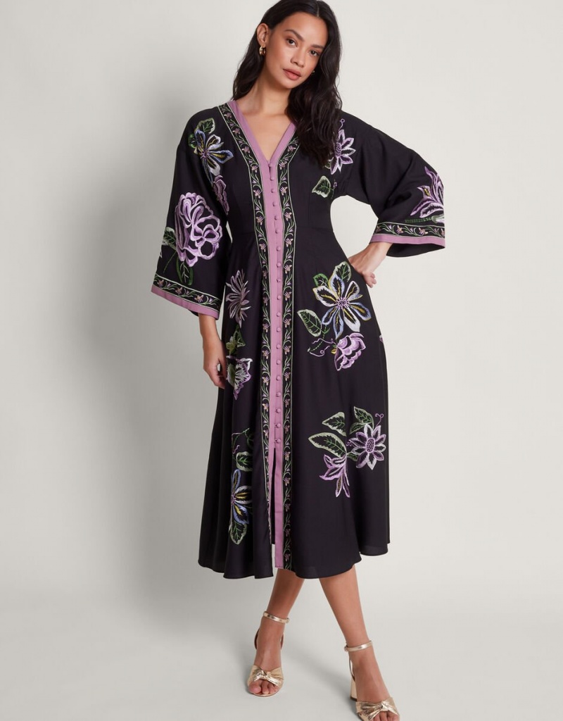 Black Women\'s Monsoon Kaya Embroidered Dress | PKP-9361