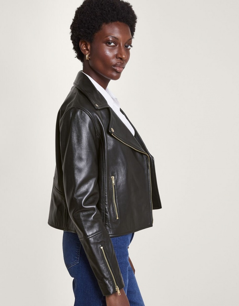 Black Women's Monsoon Leather Biker Jacket | AIZ-5756