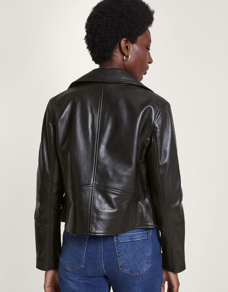 Black Women's Monsoon Leather Biker Jacket | AIZ-5756