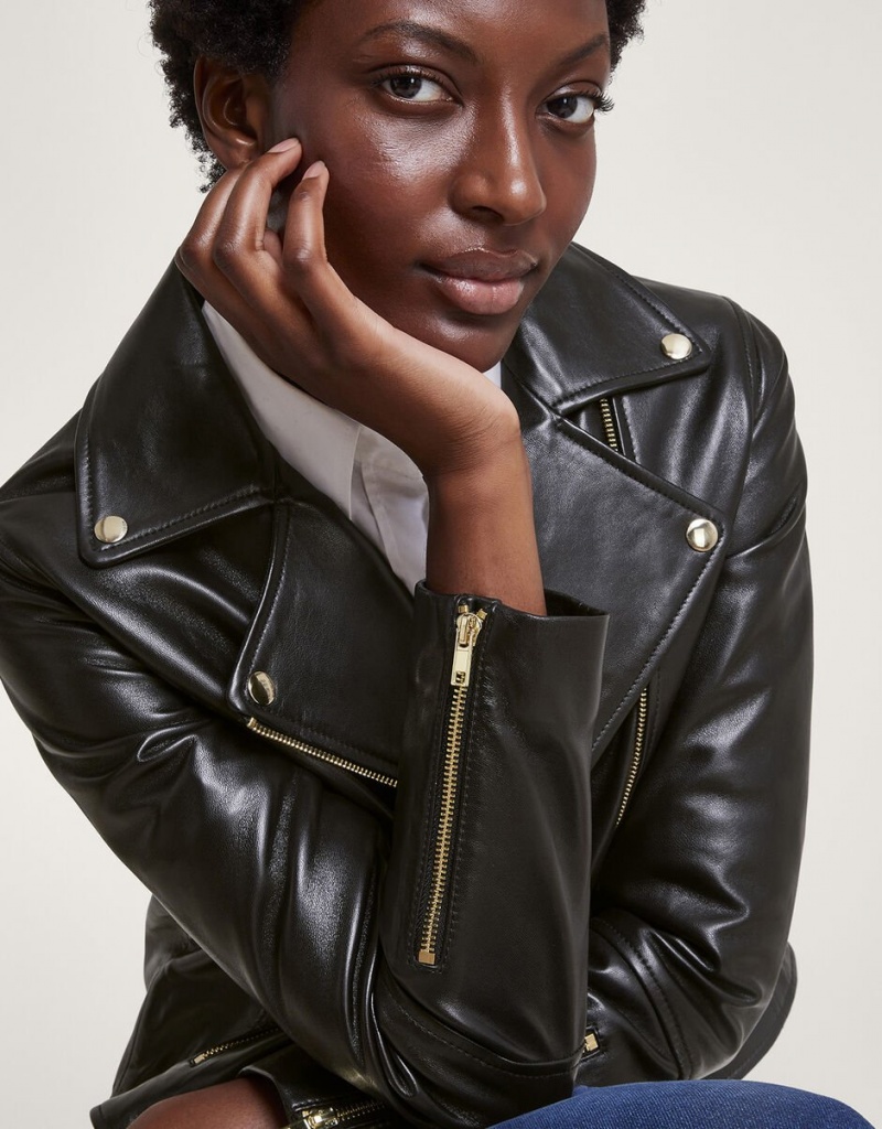 Black Women's Monsoon Leather Biker Jacket | AIZ-5756