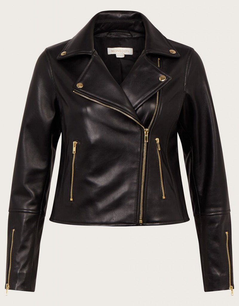 Black Women's Monsoon Leather Biker Jacket | AIZ-5756