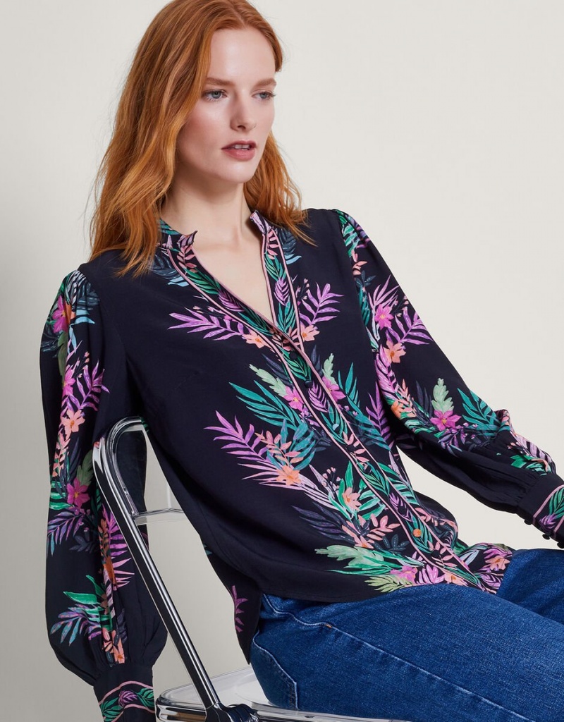 Black Women's Monsoon Mirella Palm Print Blouse | JSX-9749