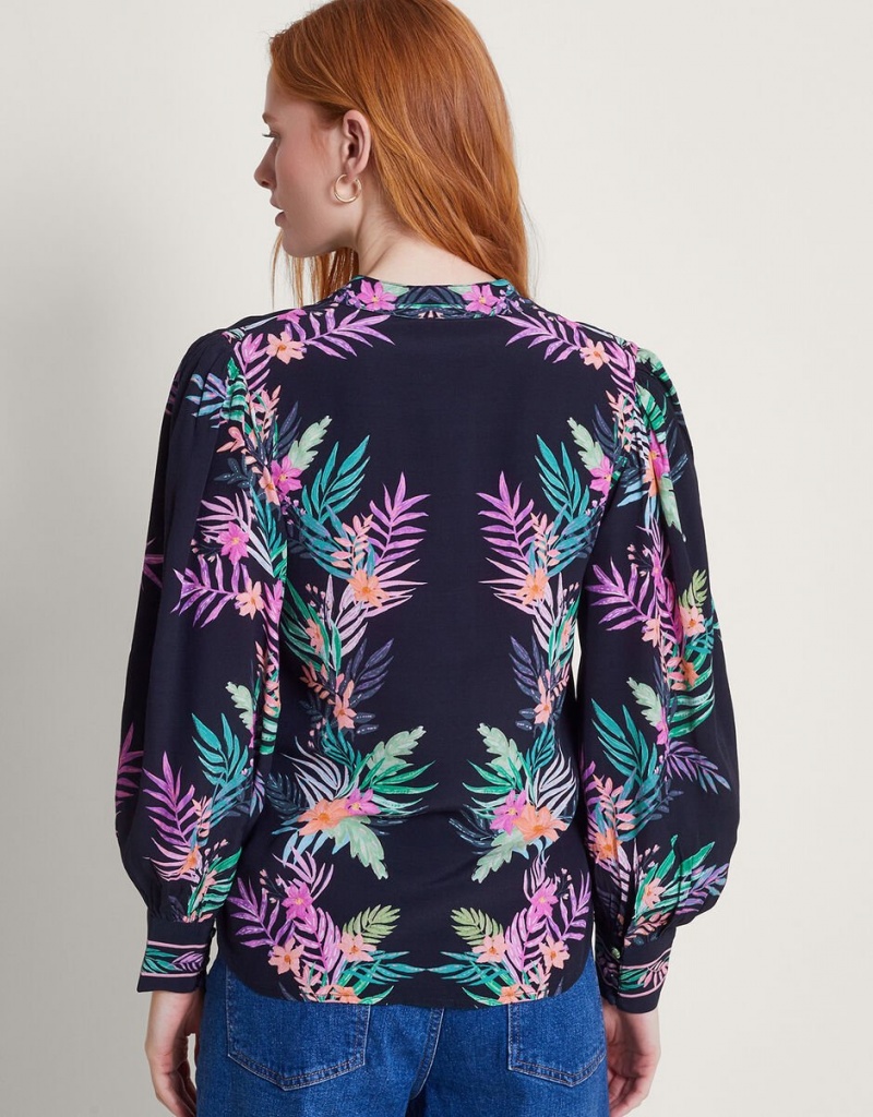 Black Women's Monsoon Mirella Palm Print Blouse | JSX-9749