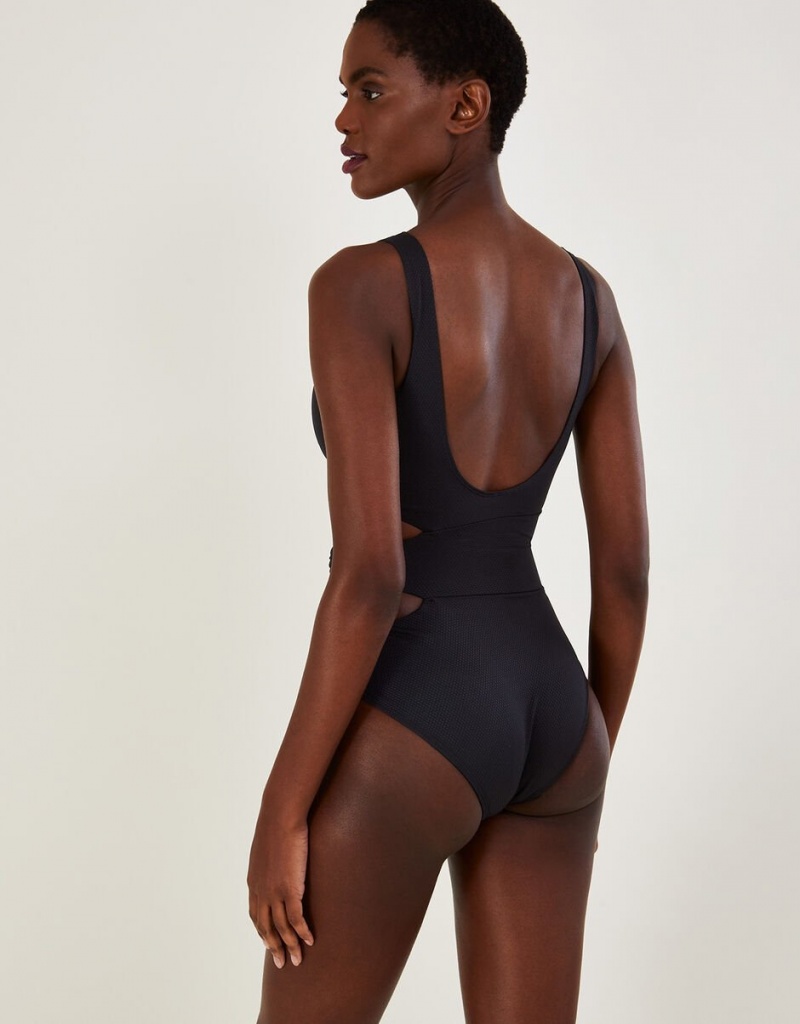 Black Women's Monsoon Plain Cut-Out O-Ring Swimsuit with Recycled Polyester Swimwear | CTG-9721