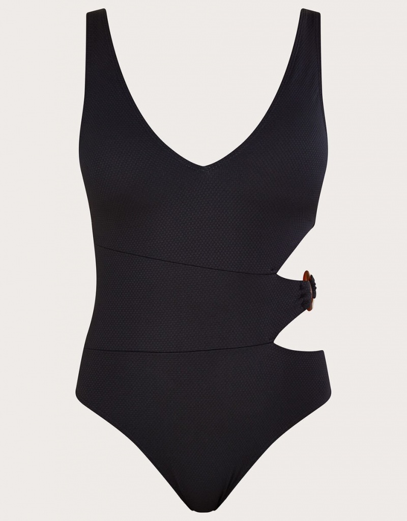 Black Women's Monsoon Plain Cut-Out O-Ring Swimsuit with Recycled Polyester Swimwear | CTG-9721