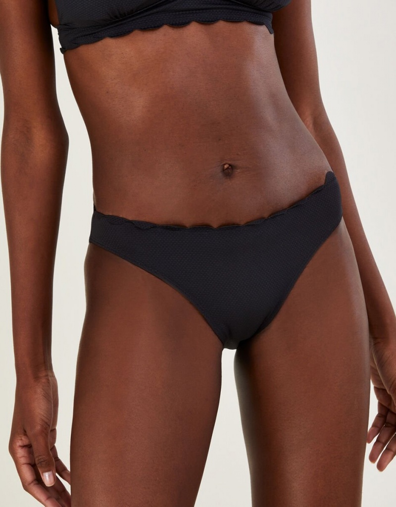 Black Women's Monsoon Scallop Edge Plain Bikini Bottoms with Recycled Polyester Swimwear | RLI-1317