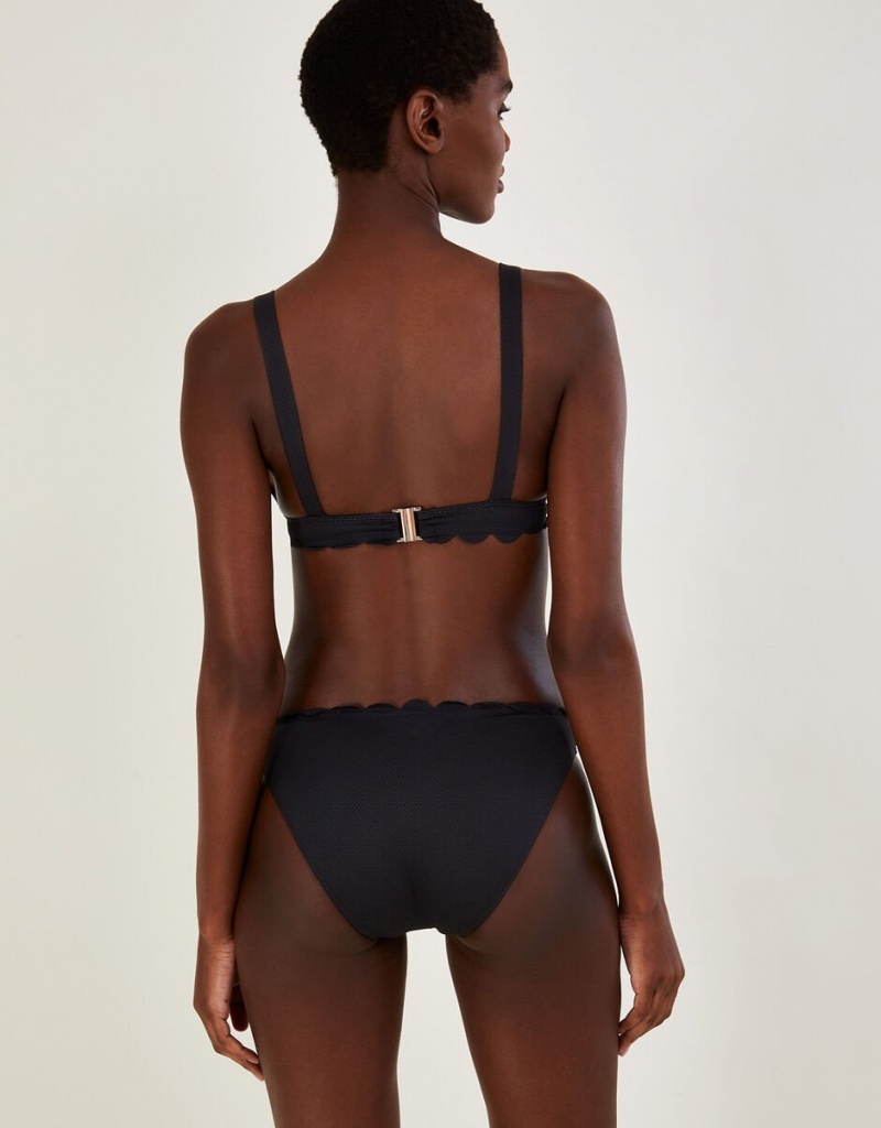 Black Women's Monsoon Scallop Edge Plain Bikini Bottoms with Recycled Polyester Swimwear | RLI-1317