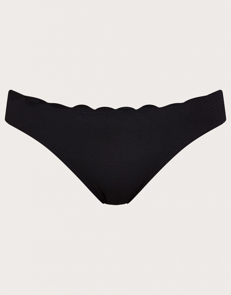 Black Women's Monsoon Scallop Edge Plain Bikini Bottoms with Recycled Polyester Swimwear | RLI-1317