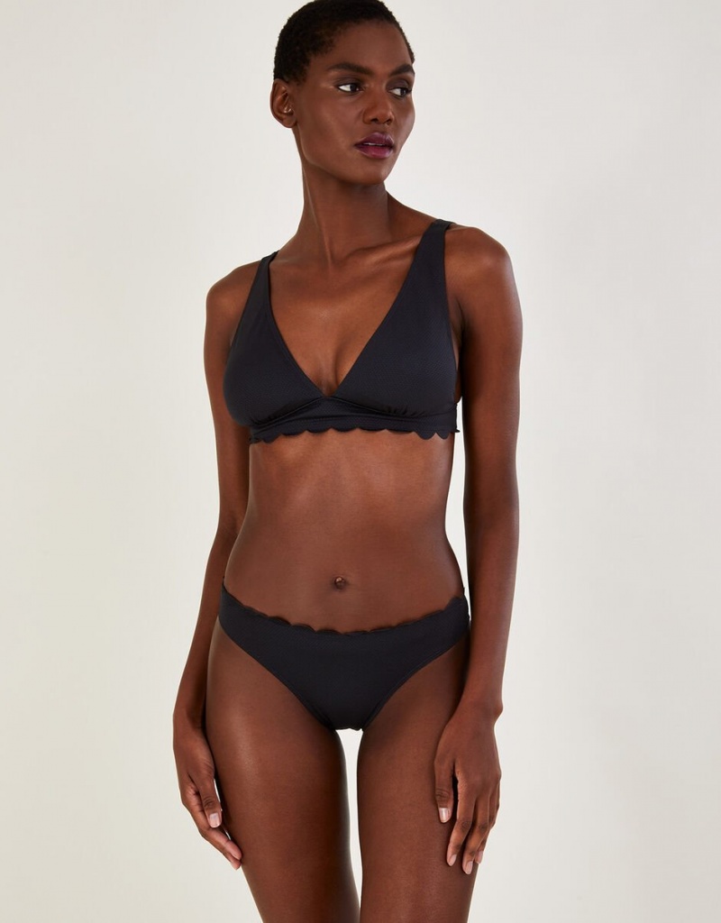 Black Women\'s Monsoon Scallop Edge Plain Bikini Bottoms with Recycled Polyester Swimwear | RLI-1317