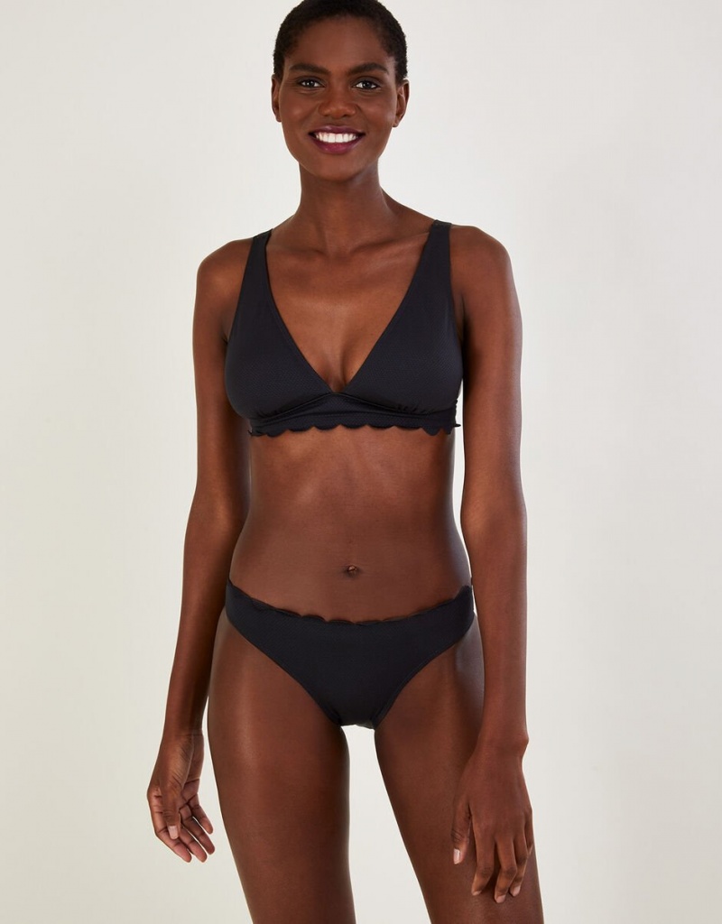 Black Women's Monsoon Scallop Edge Plain Bikini with Recycled Polyester Tops | OOD-0219