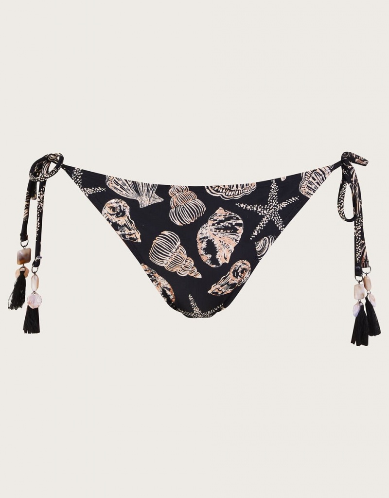 Black Women's Monsoon Shell Print Foil Bikini Bottoms with Recycled Polyester Swimwear | NVV-4090