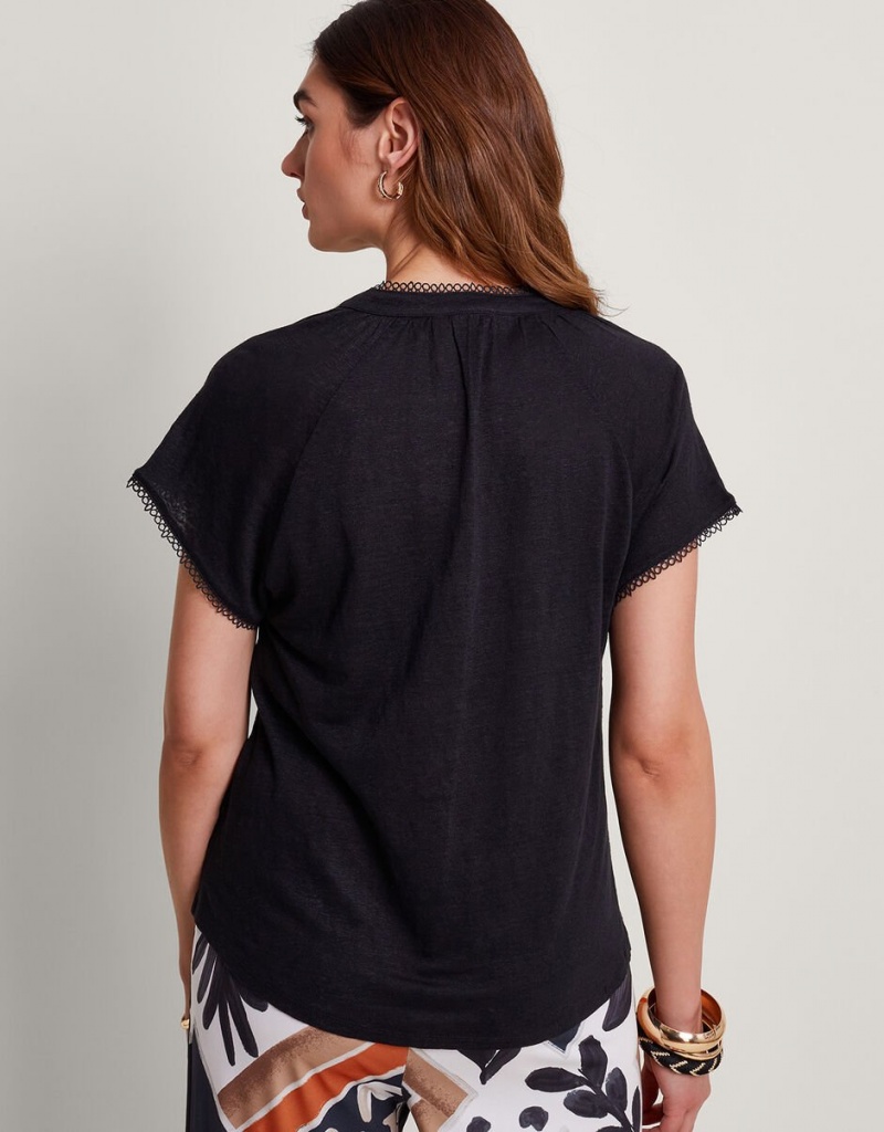 Black Women's Monsoon Viora Linen T-Shirt | XRB-2388