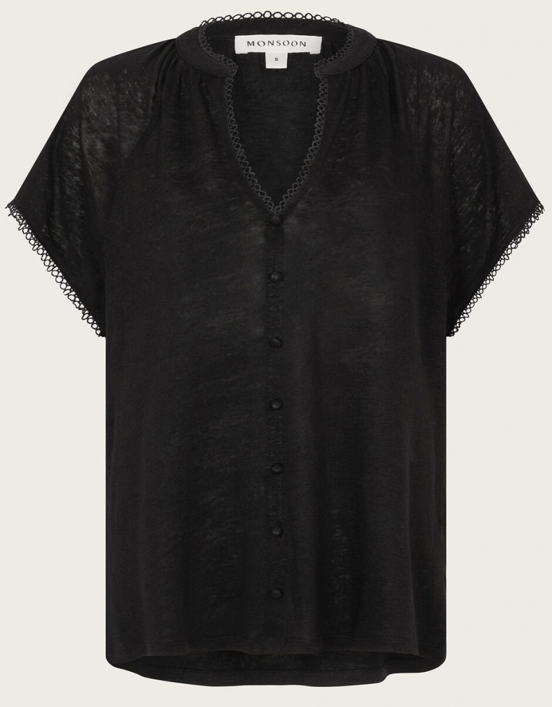 Black Women's Monsoon Viora Linen T-Shirt | XRB-2388