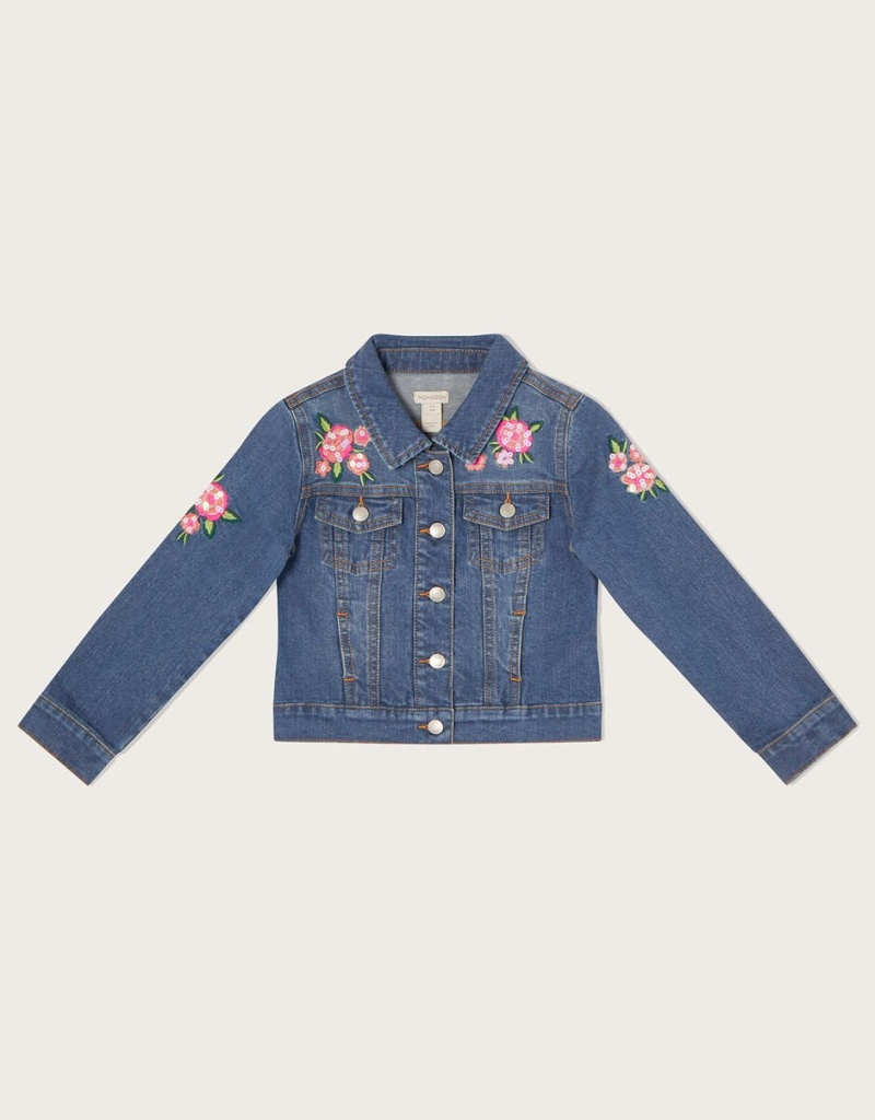 Blue Kids\' Monsoon Flower Embroidered Denim Jacket | NRW-2156