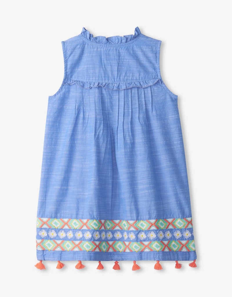 Blue Kids' Monsoon Hatley Embroidered Chambray Dress | DOS-3578