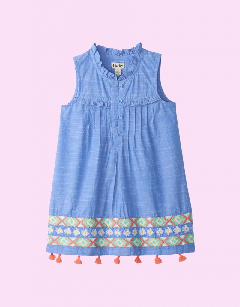 Blue Kids\' Monsoon Hatley Embroidered Chambray Dress | DOS-3578