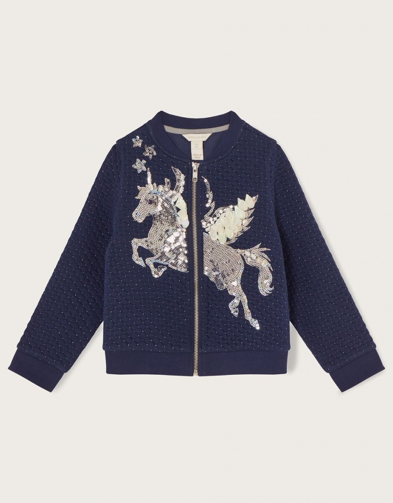 Blue Kids\' Monsoon Sequin Unicorn Quilted Bomber Jacket | RXP-8123