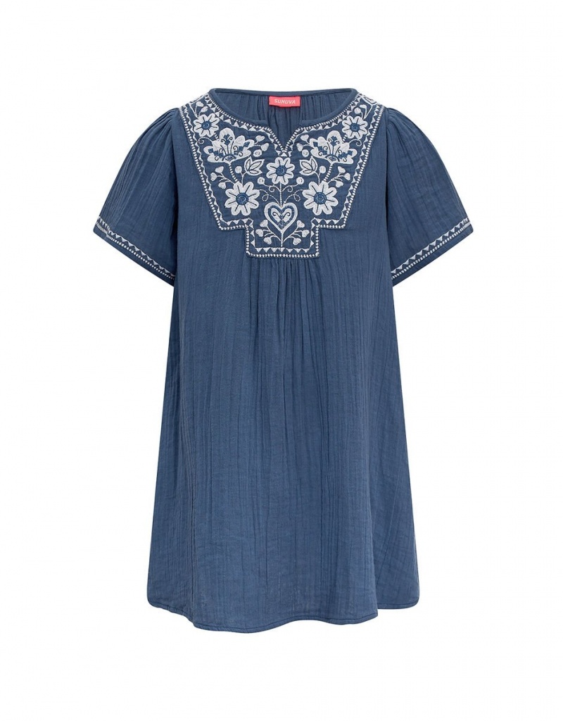 Blue Kids' Monsoon Sunuva Folk Embroidered Dress | YSX-8588