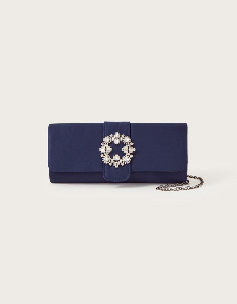 Blue Women's Monsoon Brooch Detail Satin Clutch Bags | FYI-6051