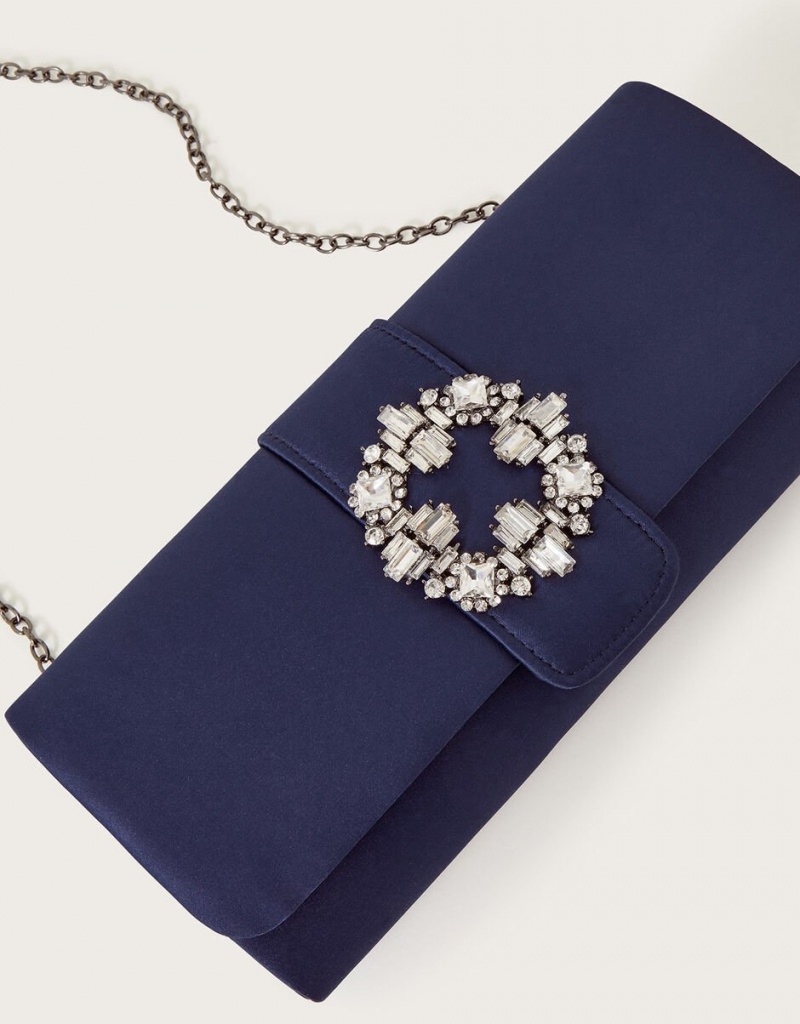 Blue Women's Monsoon Brooch Detail Satin Clutch Bags | FYI-6051