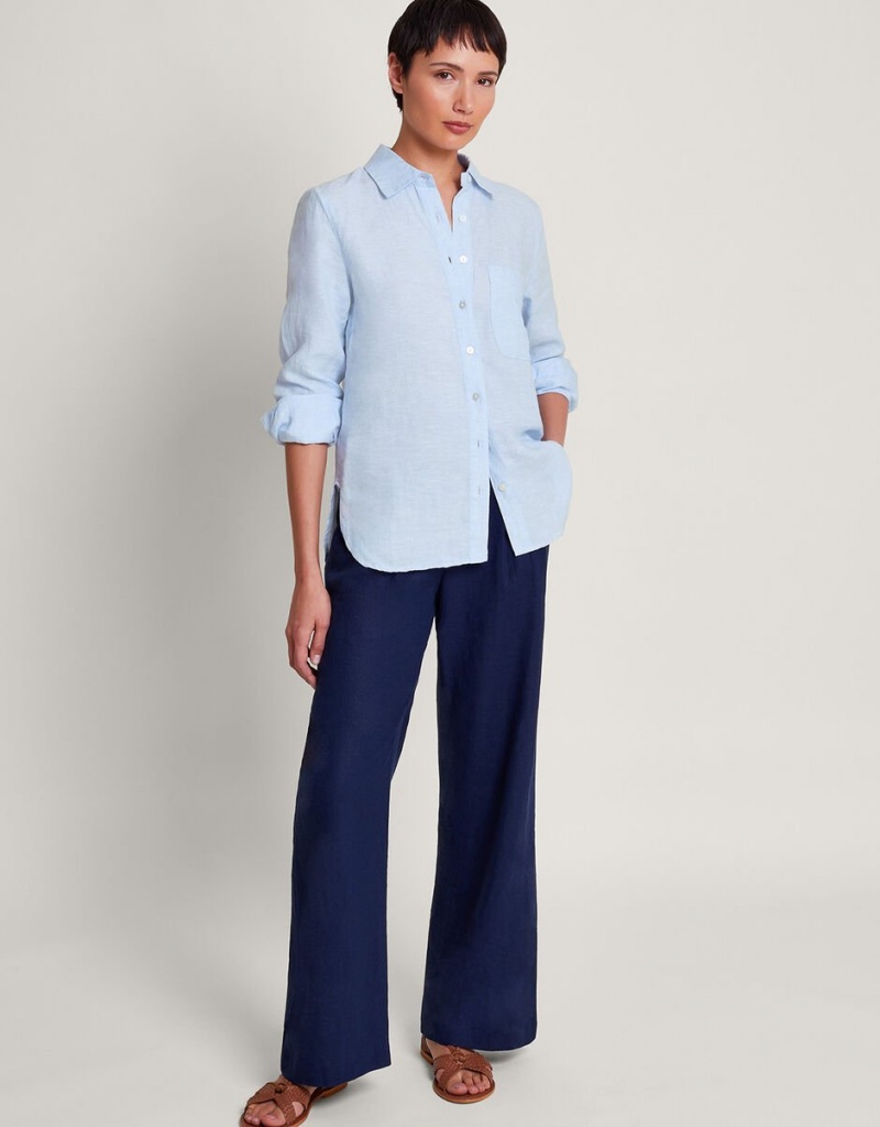 Blue Women's Monsoon Charlie Longline Linen Shirts | AXA-5268