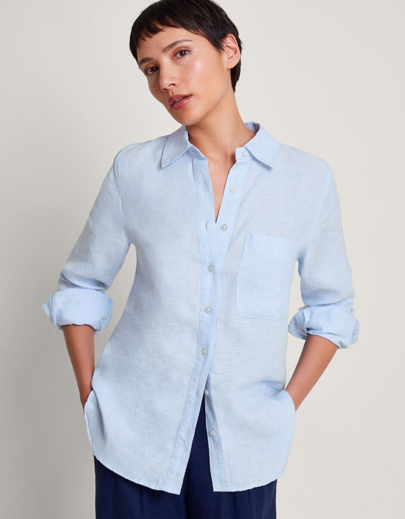 Blue Women's Monsoon Charlie Longline Linen Shirts | AXA-5268