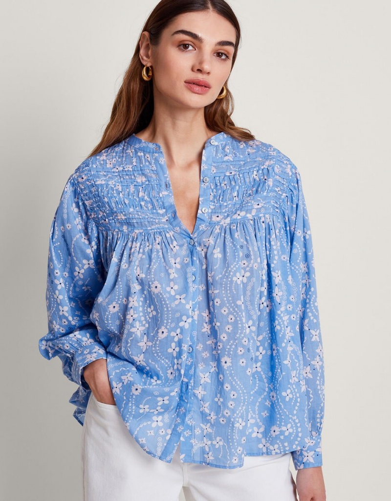 Blue Women's Monsoon Dahlia Print Shirts | OMH-5241