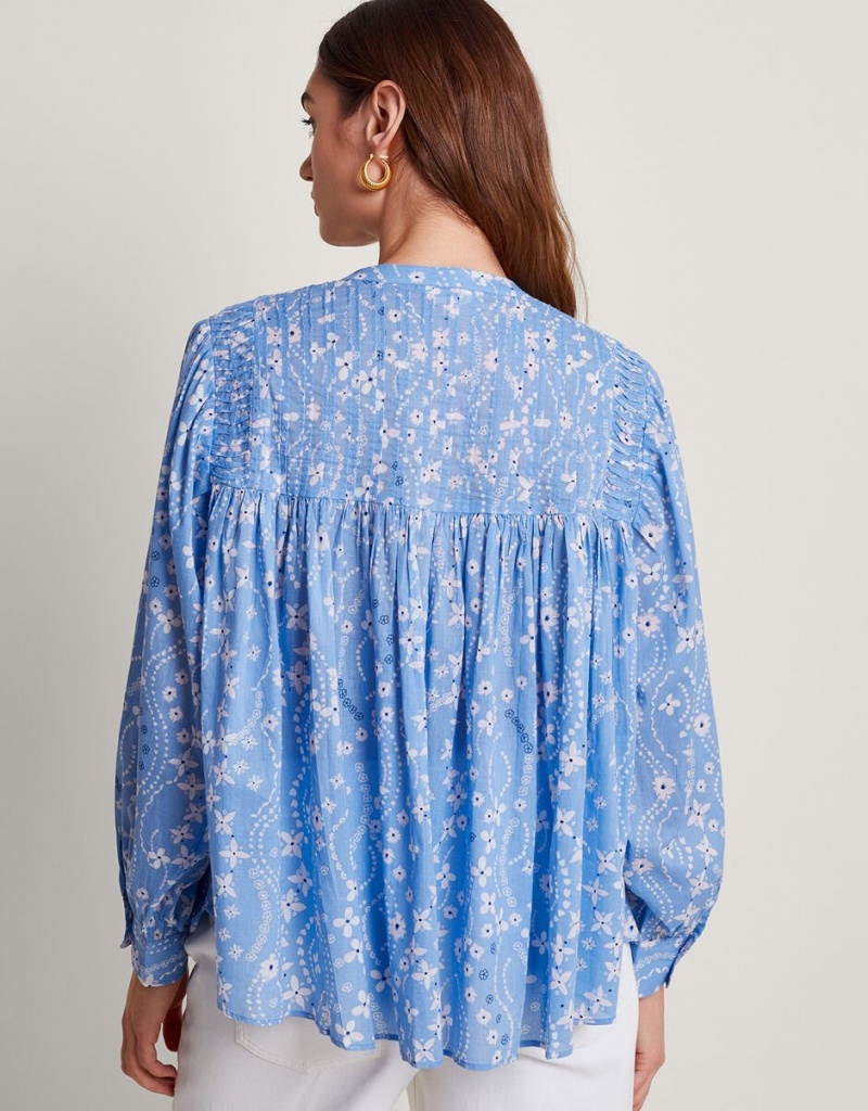 Blue Women's Monsoon Dahlia Print Shirts | OMH-5241