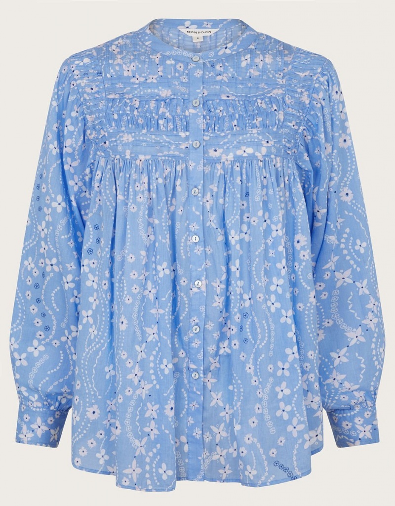 Blue Women's Monsoon Dahlia Print Shirts | OMH-5241