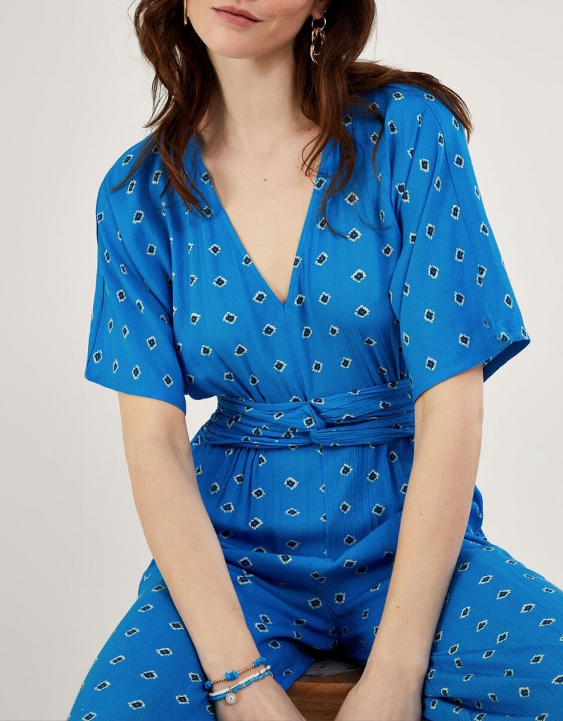 Blue Women's Monsoon Diamond Print in LENZING™ ECOVERO™ Jumpsuit | TNR-2553