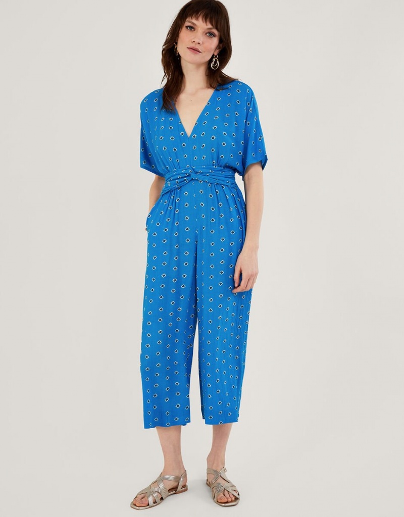 Blue Women\'s Monsoon Diamond Print in LENZING™ ECOVERO™ Jumpsuit | TNR-2553