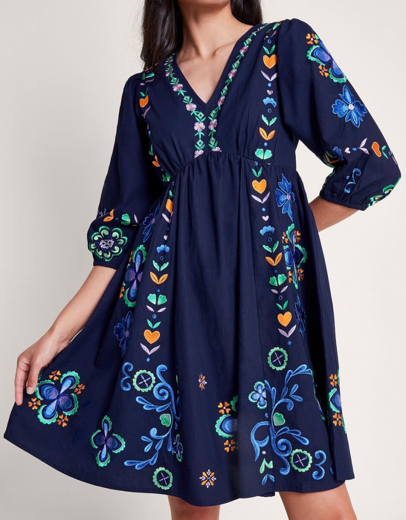 Blue Women's Monsoon Eden Embroidered Dress | ZRE-5629