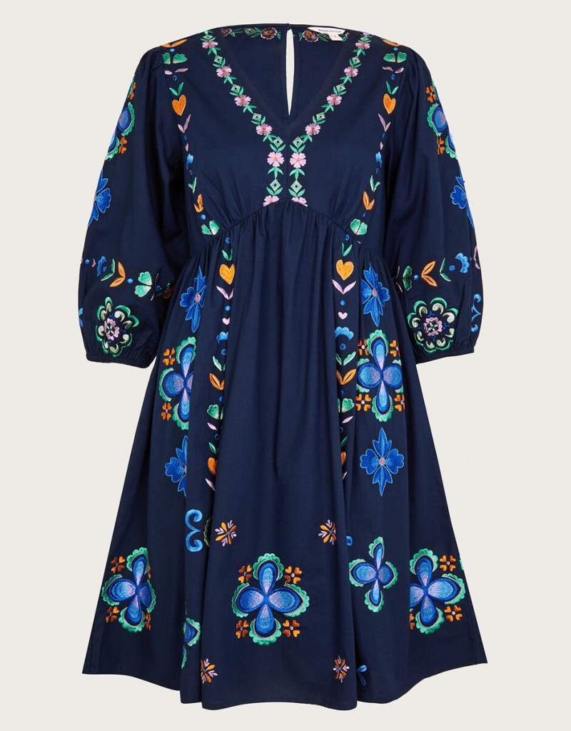 Blue Women's Monsoon Eden Embroidered Dress | ZRE-5629