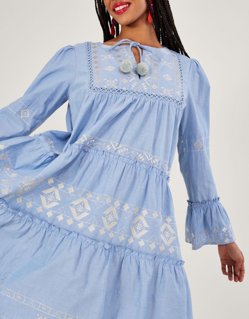 Blue Women's Monsoon Embroidered Tiered Dress | DVC-0781