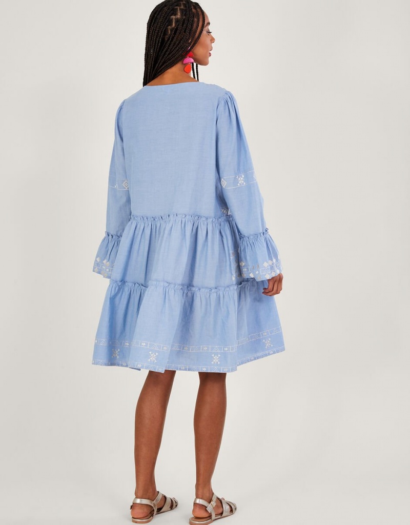 Blue Women's Monsoon Embroidered Tiered Dress | DVC-0781